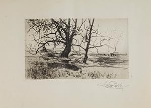 Etching with surface tone: Two Trees Winter Landscape with Trees