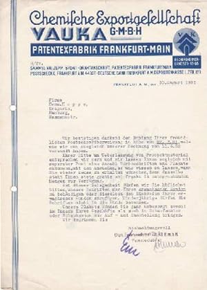 Briefbogen der Firma Chemische Exportgesellschaft Vauka G.m.b.H., Patentexfabrik, Frankfurt a.M. ...