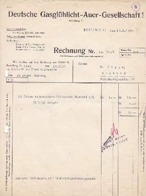 Rechnung der Deutschen Glasglühlicht-Auer-Gesellschaft m.b.H., Berlin 0 17. Mit Schreibmaschine b...