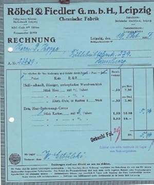 Rechnung der Firma Röbel & Fiedler, Chemische Fabrik, Leipzig, Kohlgartenstraße 17. Handschriftli...