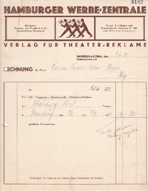 Rechnung der Hamburger Werbe-Zentrale, Verlag für Theater-Reklame, Hamburg-Altona, Eimsbüttelerst...