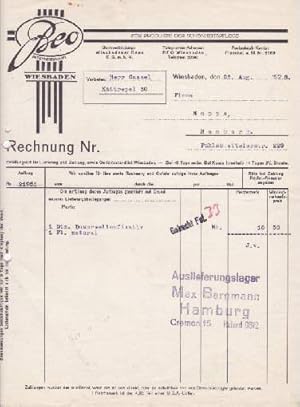 Bild des Verkufers fr Rechnung der Firma Beo Handelsgesellschaft, Wiesbaden. Mit Schreibmaschine ausgefllt, datiert 28. August 1928. zum Verkauf von Antiquariat Heinz Tessin
