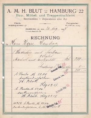 Rechnung der Firma A.M.H.Blut, Bau-, Möbel- und Treppentischlerei, Hamburg 22, Volksdorferstraße ...