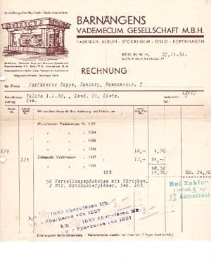 Rechnung der Firma Barnängens Vademecum Gesellschaft m.b.H., Berlin, Genthiner Strasse 17. Mit Sc...