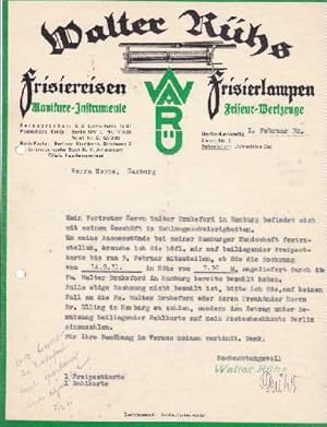 Briefbogen der Firma Walter Rühs, WARÜ, Friesiereisen, Friesierlampen, Manikure-Instrumente, Fris...