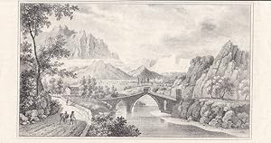 Montserrat, Katalanien, Lithographie um 1845, Blattgröße: 9,5 x 21 cm, reine Bildgröße: 9 x 15,5 cm.