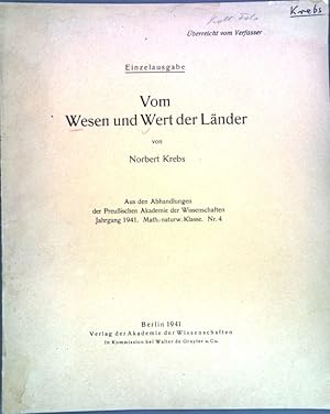 Imagen del vendedor de Vom Wesen und Wert der Lnder; a la venta por books4less (Versandantiquariat Petra Gros GmbH & Co. KG)
