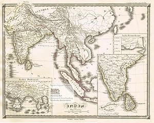 India. Große Landkarte von Indien, Ceylon, Indonesien und Südostasien mit drei Innenkarten von In...