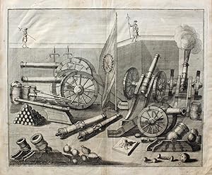 Bild des Verkufers fr Allerhand Artillerie, als Canonen, Feuer-Mrser, Bomben und Granaten" originaler Kupferstich/copper engraving ca.28x35cm (Darstellung/image size) auf Btten-Papier/laid paper (31x37cm) Tafel Nummer "G" zum Verkauf von Kunsthandel & Antiquariat Magister Ru