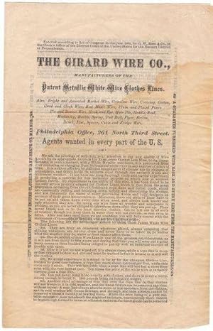 A 1868 Advertising Brochure for the Girard Wire Company Makers of Metallic White Wire Clothes Lines