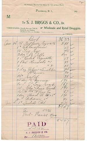 Original 1902 S. J. Briggs & Co, Wholesale and Retail Druggists , Providence R. I