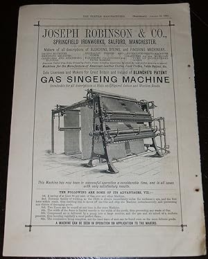 1886 Illustrated Advertisement for Gas Singeing Machine Joseph Robinson & Co