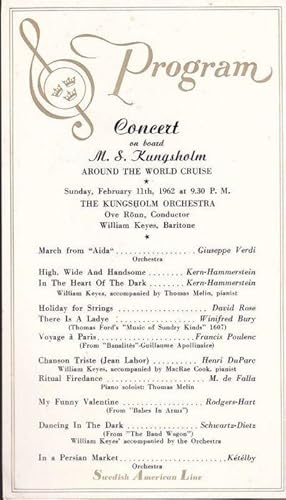 Imagen del vendedor de 1962 Souvenir Program from a Concert on Board the Crusie Ship M. S. Kungsholm a la venta por biblioboy