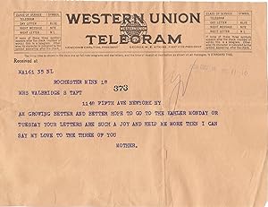 An Original 1924 Telegram and Pictures to Mrs. Walbridge S. Taft from Her Mother