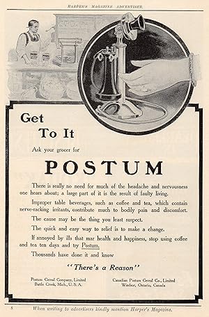 1911 Illustrated Advertiement for Postum Cereal , Antique Ad