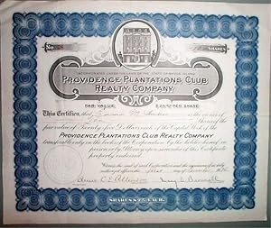 Original 1926 Providence Plantations Club Realty Co. Stock Certificate