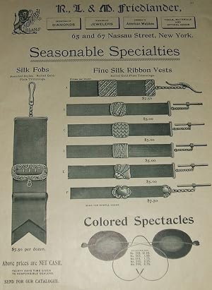 1893 Illustrated Advertisement for R. L. & M Friedlander Jewelers , Watch Fobs