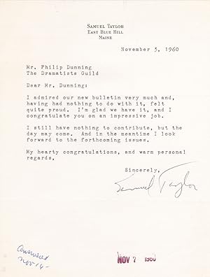 TYPED LETTER SIGNED BY BROADWAY PLAYWRIGHT AND HOLLYWOOD SCREENWRITER OF VERTIGO, SAMUEL TAYLOR.