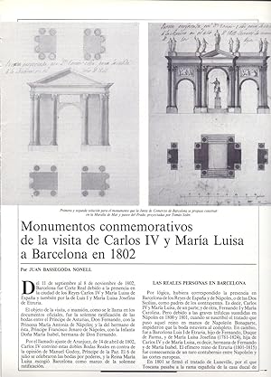 Seller image for MONUMENTOS CONMEMORATIVOS DE LA VISITA DE CARLOS IV Y MARIA LUISA A BARCELONA EN 1802 ( 14 PAGINAS ORIGINALES DEL AO 1986, ESTUDIO COMPLETO TEXTO INTEGRO) for sale by Libreria 7 Soles
