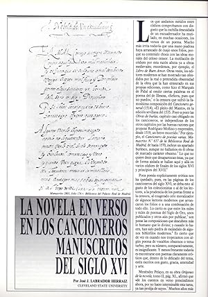 Seller image for LA NOVELA EN VERSO EN LOS CANCIONEROS MANUSCRITOS DEL SIGLO XVI / NOBELA DE UN ESTUDIANTE ( 12 PAGINAS ORIGINALES DEL AO 1989, ESTUDIO COMPLETO TEXTO INTEGRO) for sale by Libreria 7 Soles