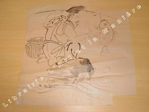 Dessin original ancien. Pinceau et encre de chine. Japon. Epoque Meiji. Pêcheur de carpe.