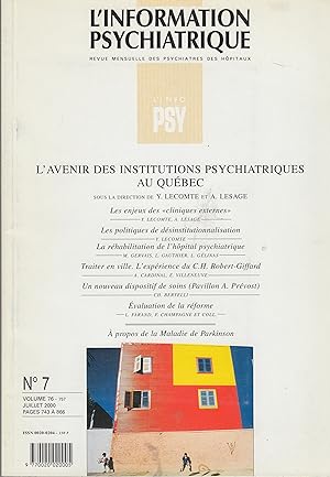 Seller image for L'information Psychiatrique - L'avenir des Institutions Psychiatriques au Qubec - N 7 - Volume 76 for sale by PRISCA