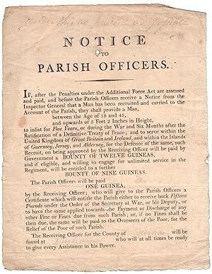 Pitt's Parish Army - 1806 Durham Flyer, Additional Forces Act Bounty and Recruitment Notice to Pa...