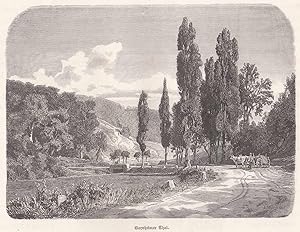 Bild des Verk�ufers f�r Idyllische Landschaftsansicht mit einer Br�cke, im Vordergrund ein Ochsengespann. zum Verkauf von Antiquariat Hild