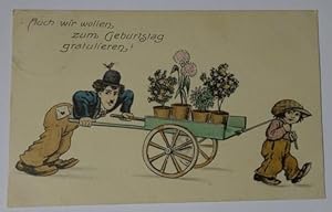 Ansichtskarte "Auch wir wollen zum Geburtstag gratulieren" (Mit Charlie Chaplin Karikatur)