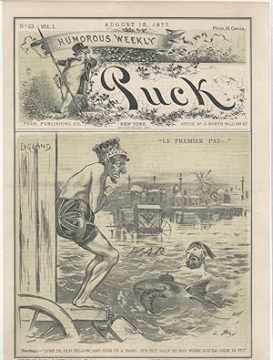 Imagen del vendedor de PRINT "Le Premier Pas--: Jump in, Old Fellow, and Give Us a Hand. It's Not Half So Bad When You're Once in It!".engraving from Puck Humorous Weekly, August 15, 1877 a la venta por Dorley House Books, Inc.