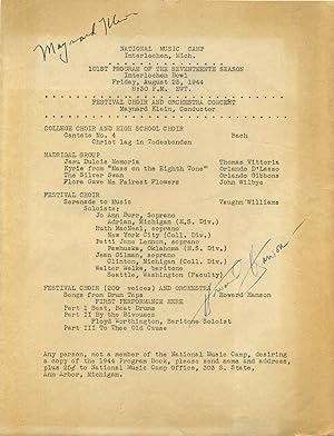 1944 Interlochen National Music Camp Program signed by Maynard Klein (1910-1990) and Howard Hanso...