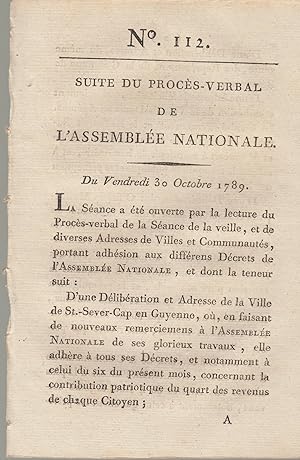 Imagen del vendedor de Suite du procs -Verbal de L'Assemble Nationale. Du Vendredi 30 Octobre 1789, au matin. N 112 a la venta por PRISCA