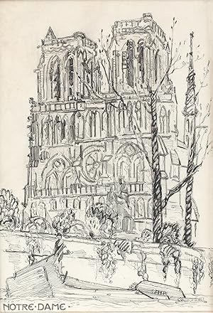 NOTRE DAME - ORIGINAL PEN AND INK DRAWING ON VELLUM