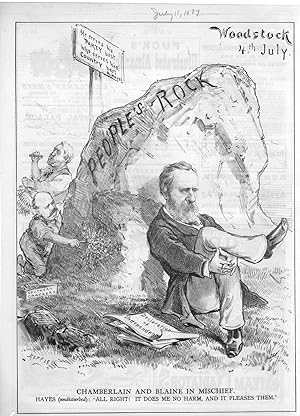 Imagen del vendedor de PRINT:'Chamberlain and Blaine in Mischief; Woodstock, July 4, 1877'.engraving from Puck Humorous Weekly, July 11, 1877 a la venta por Dorley House Books, Inc.