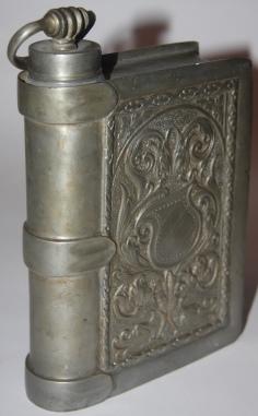 [Faux Book] Pewter Flask Shaped Like a Book with Renaissance-Style Ornamentation Decorating the "...