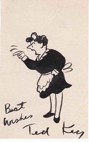 Bild des Verkufers fr SIGNATURE ON A CARD OF AMERICAN CARTOONIST TED KEY, TOGETHER WITH AN ORIGINAL DRAWING OF HIS CHARACTER HAZEL, INSCRIBED AND SIGNED BY HIM. zum Verkauf von Blue Mountain Books & Manuscripts, Ltd.