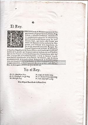 Imagen del vendedor de El Rey. Egregio Conde de Montoro pariente mi Lugarteniente y Capitan General [.] haviendo visto con particular atencion la competencia que se movio en este Reyno entre mi jurisdiccion real y el Tribunal de la Inquisicin, sobre la que pretende Leonardo Burgues Zaforteza en el derecho del queso procedido de su ganado, que ha apacentado en herbajes de otros dueos que no son francos y toca la cobrana a los conductores deste derecho.dado en Aranjuez a 29 de abril de 1651. a la venta por Llibreria Antiquria Delstres