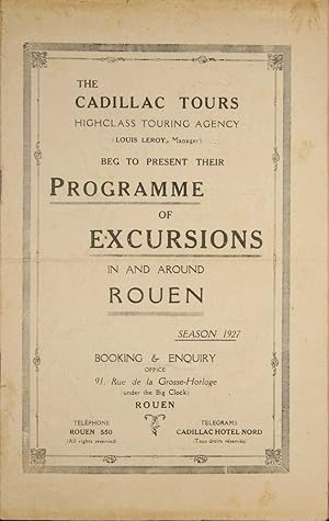 Bild des Verkufers fr Connatre Rouen. 1) Les maisons  pans de bois de Rouen. 2) Le site naturel de Rouen. 3) Rflexions sur quelques constantes de l?histoire du Port de Rouen. 4) Les procs de condamnation et de rhabilitation de Jeanne d?Arc. 5) Cadillac Tours (Louis Leroy, manager). Programme of Excursions in and around ROUEN Season 1927, broch. de 4 p. avec ill. Ens. 5 vols. ens. zum Verkauf von Harteveld Rare Books Ltd.