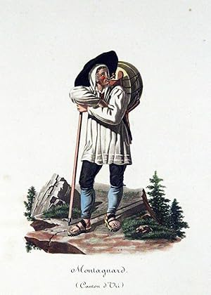 Image du vendeur pour Montagnard (portant deux fromages sur son cacolet, fumant la pipe appuy sur son alpenstock). Tire de ?Costumes Suisses? par G. Lory fils et F.-W. Moritz. mis en vente par Harteveld Rare Books Ltd.