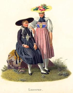 Image du vendeur pour Lucerne. Une paysanne en robe fonce assise sur un rocher. A ct d?elle, une jeune fille en costume clair. Costumes Suisses par G. Lory fils et F.-W. Moritz. mis en vente par Harteveld Rare Books Ltd.