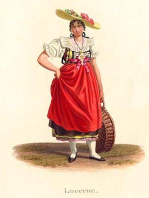 Image du vendeur pour Lucerne - Jeune femme 3/4  droite la tte de face. Grand tablier rouge. Costumes Suisses par G. Lory fils et F.-W. Moritz mis en vente par Harteveld Rare Books Ltd.