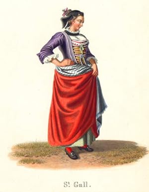 Bild des Verkufers fr St. Gall. Femme de 3/4  droite Corset busqu. Lourd jupon rouge. Costumes Suisses par G. Lory fils et F.-W. Moritz zum Verkauf von Harteveld Rare Books Ltd.