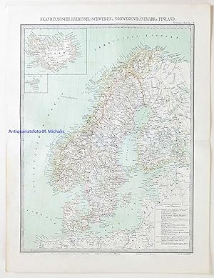 SKANDINAVISCHE HALBINSEL (SCHWEDEN UND NORWEGEN) DÄNEMARK UND FINLAND, im Jahr 1860 - handkolorie...