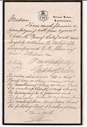 AUTOGRAPH LETTER SIGNED BY ENGLISH ANIMAL AND LANDSCAPE PAINTER THOMAS SIDNEY COOPER SENDING HIS ...