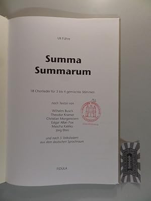 Bild des Verkufers fr Summa Summarum - 18 Chorlieder fr 3 bis 4 gemischte Stimmen. zum Verkauf von Druckwaren Antiquariat