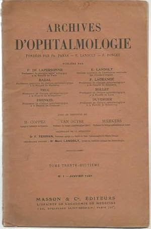 Immagine del venditore per Archives D'Ophtalmologie, Tome Trente Huitieme, No. 1, Janvier 1921 venduto da Lincbook