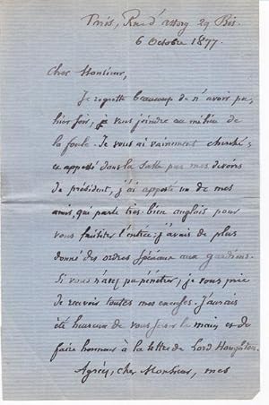 Bild des Verkufers fr AUTOGRAPH LETTER SIGNED BY FRENCH STATESMAN AND PHILOSOPHER JULES BARTHELEMY-SAINT-HILAIRE. zum Verkauf von Blue Mountain Books & Manuscripts, Ltd.