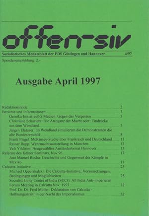 Bild des Verkufers fr Offensiv - Sozialistisches Monatsblatt der PDS Gttingen und Hannover. Ausgabe April 1997 (4/97). Red.: Frank Flegel u. Carsten Matthias. zum Verkauf von Buch von den Driesch