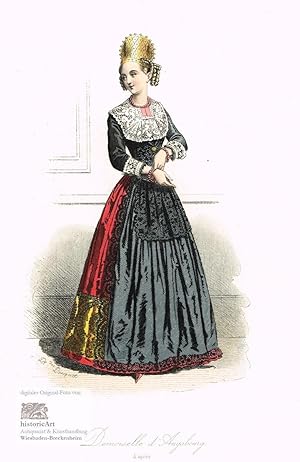 Demoiselle d'Augsbourg. Junge Dame mit Haube und prächtigem Trachtenkleid. Altkolorierte Radierun...