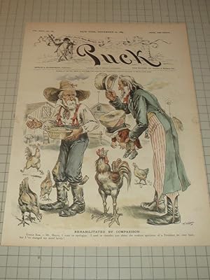Seller image for 1889 Puck Lithograph of "Rehabilitated by Comparison" - Uncle Sam with Presidents Hays and Harrison Among the Chickens for sale by rareviewbooks